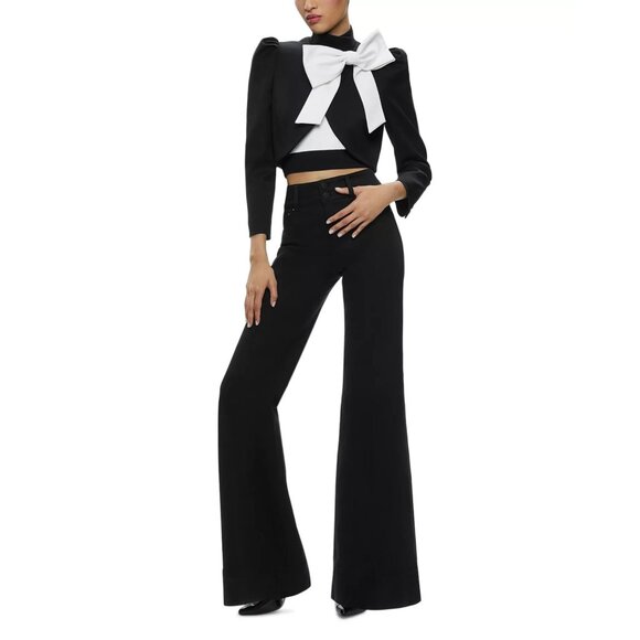 440$ Alice and Olivia Addison Bow Cropped Blazer Top Puff Shoulders Size M Black - Picture 5 of 5